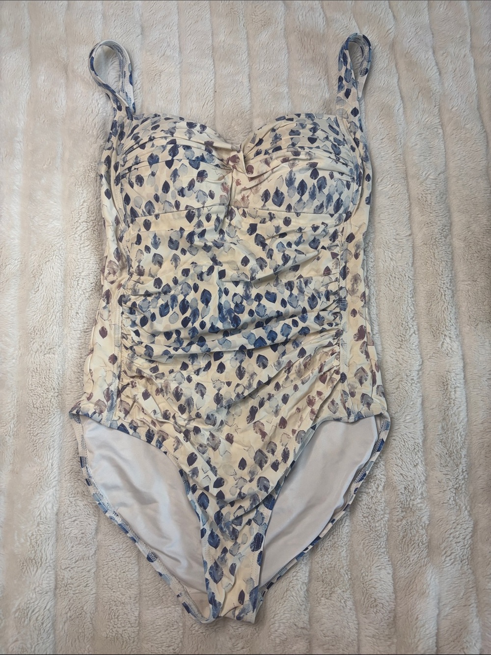 Classic Floral Ruched One-Piece Swimsuit in Cream and Blue